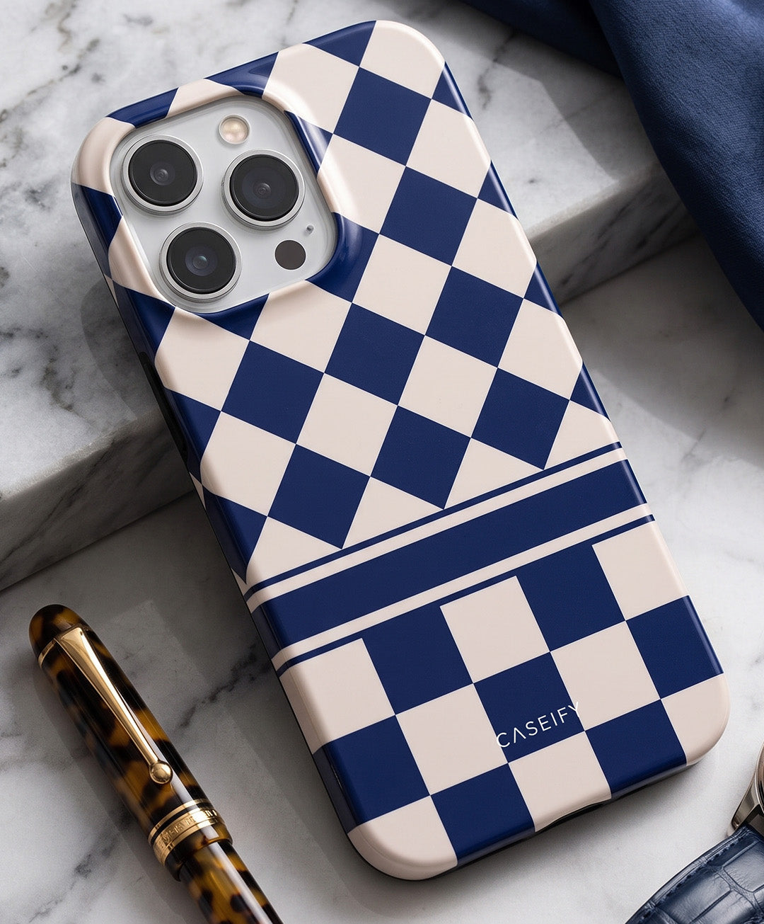 Navy Diamond Check iPhone 14 Pro Max Case