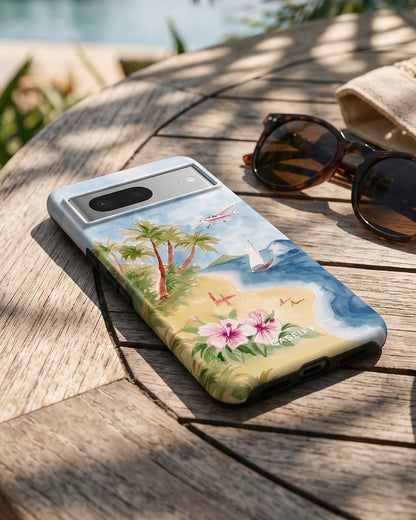 Tropical Island Watercolor Blue Glossy Google Pixel 7 Case