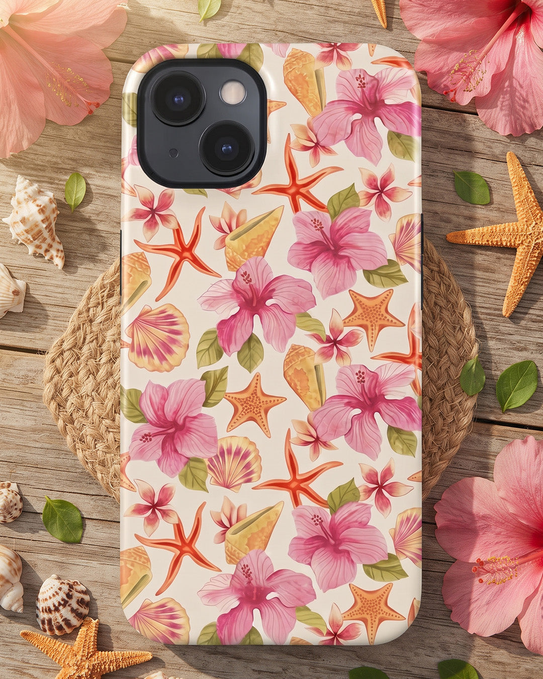 Tropical Hibiscus & Shells iPhone 14 Plus Case